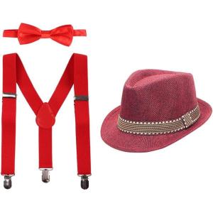 imageIDOPIP Cake Smash Outfit Boys Suspender Bow Tie Set with Birthday Hat Formal Tuxedo Suit for Kids Baby Photo Shoot CostumeRed