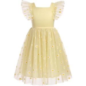 imageIDOPIP Embroidery Flower Girl Dress for Kids Baby Wedding Pageant Party Communion Dresses Backless Butterfly Birthday GownYellow Daisy