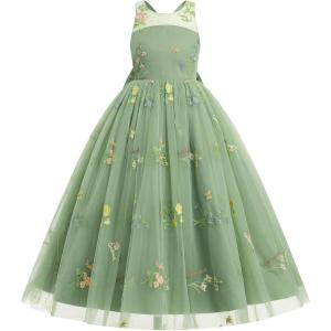 imageIDOPIP Embroidery Flower Girl Dress for Kids Wedding Pageant Formal Party Dresses Communion Bowknot Backless Maxi Tulle GownsGreen