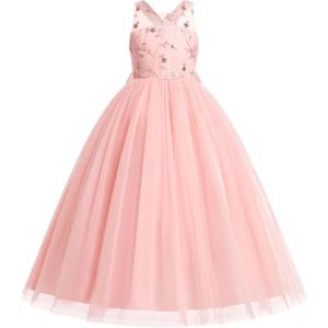 imageIDOPIP Embroidery Flower Girl Dress for Kids Wedding Pageant Formal Party Dresses Communion Bowknot Backless Maxi Tulle GownsPink