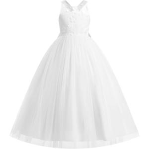 imageIDOPIP Embroidery Flower Girl Dress for Kids Wedding Pageant Formal Party Dresses Communion Bowknot Backless Maxi Tulle GownsWhite Flower