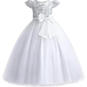 imageIDOPIP Flower Girl Sequin Lace Dresses for Wedding First Communion Dress Kids Princess Pageant Formal Party Long Maxi GownsWhite  Cap Sleeve