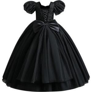 imageIDOPIP Flower Girl Sequin Laceup Bow Dress for Kid Wedding Bridesmaid Pageant Party Formal Long Gown Communion Tulle DressesBlack