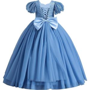 imageIDOPIP Flower Girl Sequin Laceup Bow Dress for Kid Wedding Bridesmaid Pageant Party Formal Long Gown Communion Tulle DressesBlue