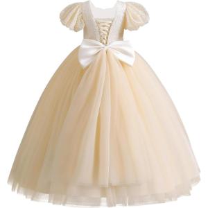 imageIDOPIP Flower Girl Sequin Laceup Bow Dress for Kid Wedding Bridesmaid Pageant Party Formal Long Gown Communion Tulle DressesChampagne