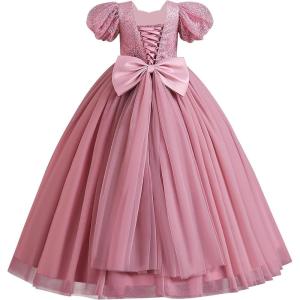 imageIDOPIP Flower Girl Sequin Laceup Bow Dress for Kid Wedding Bridesmaid Pageant Party Formal Long Gown Communion Tulle DressesDusty Pink