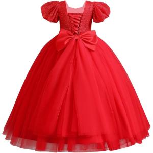 imageIDOPIP Flower Girl Sequin Laceup Bow Dress for Kid Wedding Bridesmaid Pageant Party Formal Long Gown Communion Tulle DressesRed