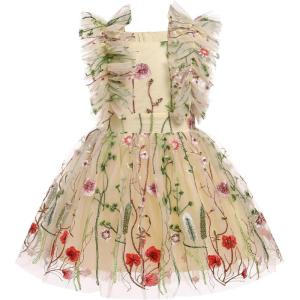 imageIDOPIP Flower Girls Sequin Butterfly Dot Tutu Dress for Kids Baby First Communion Wedding Princess Birthday Party DressesApricot Embroidery
