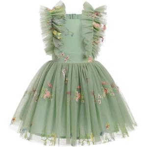 imageIDOPIP Flower Girls Sequin Butterfly Dot Tutu Dress for Kids Baby First Communion Wedding Princess Birthday Party DressesGreen Embroidery