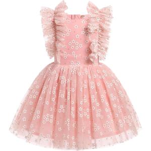 imageIDOPIP Flower Girls Sequin Butterfly Dot Tutu Dress for Kids Baby First Communion Wedding Princess Birthday Party DressesPink Daisy