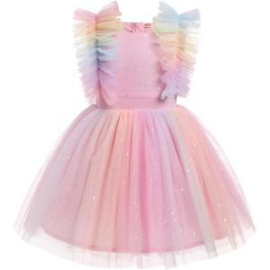 imageIDOPIP Flower Girls Sequin Butterfly Dot Tutu Dress for Kids Baby First Communion Wedding Princess Birthday Party DressesPink Rainbow
