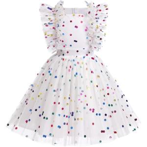 imageIDOPIP Flower Girls Sequin Butterfly Dot Tutu Dress for Kids Baby First Communion Wedding Princess Birthday Party DressesWhite Rainbow Dots  Kids Dress