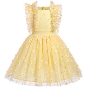 imageIDOPIP Flower Girls Sequin Butterfly Dot Tutu Dress for Kids Baby First Communion Wedding Princess Birthday Party DressesYellow Daisy  Kids Dress