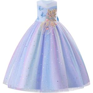 imageIDOPIP Sequin Butterfly Flower Girl Dress for Kids Wedding Pageant Party Long Gown Princess Birthday Communion Tulle DressesBlue