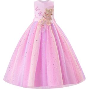 imageIDOPIP Sequin Butterfly Flower Girl Dress for Kids Wedding Pageant Party Long Gown Princess Birthday Communion Tulle DressesPink