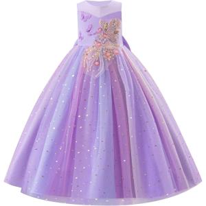 imageIDOPIP Sequin Butterfly Flower Girl Dress for Kids Wedding Pageant Party Long Gown Princess Birthday Communion Tulle DressesPurple