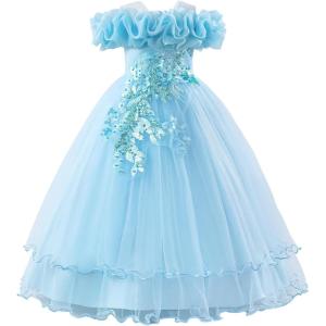 imageIDOPIP Sequin Embroidery Flower Girl Maxi Dress for Wedding Party Birthday Princess Dresses Pageant Ruffle Cold Shoulder GownBlue