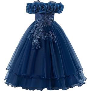 imageIDOPIP Sequin Embroidery Flower Girl Maxi Dress for Wedding Party Birthday Princess Dresses Pageant Ruffle Cold Shoulder GownDark Blue