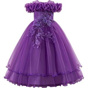 imageIDOPIP Sequin Embroidery Flower Girl Maxi Dress for Wedding Party Birthday Princess Dresses Pageant Ruffle Cold Shoulder GownDark Purple