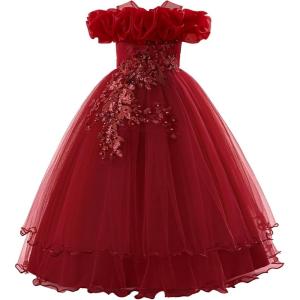 imageIDOPIP Sequin Embroidery Flower Girl Maxi Dress for Wedding Party Birthday Princess Dresses Pageant Ruffle Cold Shoulder GownDark Red