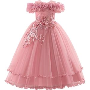 imageIDOPIP Sequin Embroidery Flower Girl Maxi Dress for Wedding Party Birthday Princess Dresses Pageant Ruffle Cold Shoulder GownDusty Pink