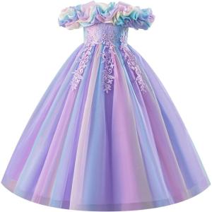 imageIDOPIP Sequin Embroidery Flower Girl Maxi Dress for Wedding Party Birthday Princess Dresses Pageant Ruffle Cold Shoulder GownPurple  Gradient