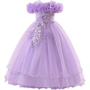 imageIDOPIP Sequin Embroidery Flower Girl Maxi Dress for Wedding Party Birthday Princess Dresses Pageant Ruffle Cold Shoulder GownPurple