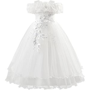 imageIDOPIP Sequin Embroidery Flower Girl Maxi Dress for Wedding Party Birthday Princess Dresses Pageant Ruffle Cold Shoulder GownWhite