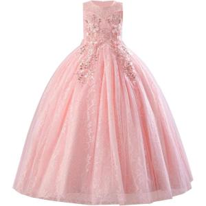 imageIDOPIP Sequin Flower Girl Lace Dress for Kids Wedding Pageant Party Formal Long Gown Princess First Communion Tulle DressesPink