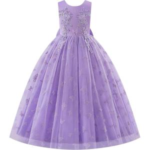 imageIDOPIP Sequin Flower Girl Lace Dress for Kids Wedding Pageant Party Formal Long Gown Princess First Communion Tulle DressesPurple Butterfly