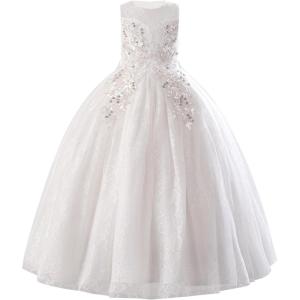 imageIDOPIP Sequin Flower Girl Lace Dress for Kids Wedding Pageant Party Formal Long Gown Princess First Communion Tulle DressesWhite