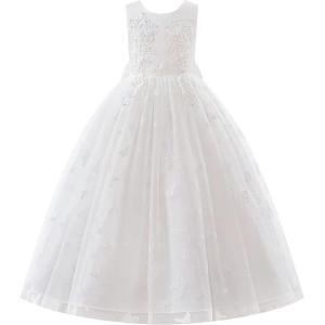 imageIDOPIP Sequin Flower Girl Lace Dress for Kids Wedding Pageant Party Formal Long Gown Princess First Communion Tulle DressesWhite Butterfly