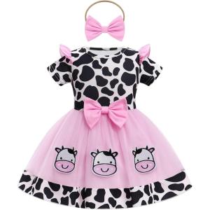 imageIDOPIP Toddler Baby Girls Birthday Dress Strawberry Cow Bee Cake Smash Party Pageant Bowknot Tutu Dress with Headband OutfitPink Cow