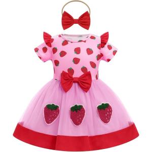 imageIDOPIP Toddler Baby Girls Birthday Dress Strawberry Cow Bee Cake Smash Party Pageant Bowknot Tutu Dress with Headband OutfitPink Strawberry