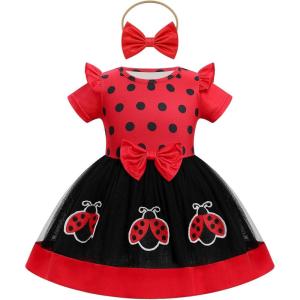 imageIDOPIP Toddler Baby Girls Birthday Dress Strawberry Cow Bee Cake Smash Party Pageant Bowknot Tutu Dress with Headband OutfitRed Ladybug