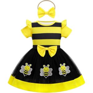 imageIDOPIP Toddler Baby Girls Birthday Dress Strawberry Cow Bee Cake Smash Party Pageant Bowknot Tutu Dress with Headband OutfitYellow Bee