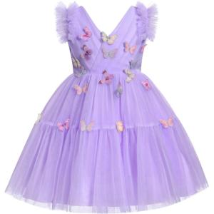 imageIDOPIP Toddler Baby Girls Butterfly Tutu Dress Ruffle Tulle Kids Princess Flower Girl Wedding Pageant Birthday Party DressesPurple