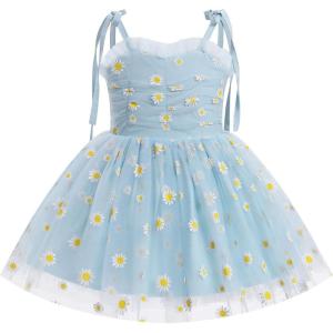 imageIDOPIP Toddler Baby Girls Strawberry Heart Tutu Dress Summer Sleeveless Smocked Backless Princess Birthday Party Dresses 16TBlue Daisy