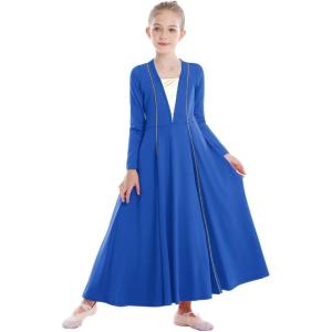 imageOwlFay Little Big Girls Metallic Gold VNeck Praise Dance Dress Loose Fit Full Length Long Sleeve Worship Robe Liturgical Church Dancewear Lyrical Tunic Skirt Kids Praisewear Costume Royal Blue 34Y