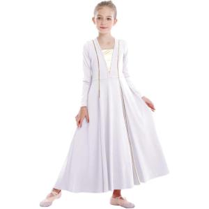 imageOwlFay Little Big Girls Metallic Gold VNeck Praise Dance Dress Loose Fit Full Length Long Sleeve Worship Robe Liturgical Church Dancewear Lyrical Tunic Skirt Kids Praisewear Costume White 34Y