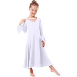 imagePraise Dance Dresses for Girls Kids Solid Color Bell Long Sleeve Liturgical Lyrical Loose Fit Full Length Straps Robe Gown Christian Church Worship Tunic Circle Skirt Ballet Dancewear White 34Y