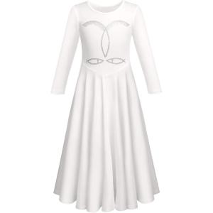 imageRhinestone Christian Cross Jesus Fish Praise Dance Dress for Girls Metallic Liturgical Lyrical Dancewear Loose Fit Full Length Long Sleeve Worship Dance Dress Costume White  Silver Fish 1314 Years