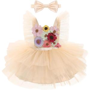 imageIDOPIP Baby Girls Sequin Strawberry Cherry Tutu Dress Summer Backless Lace Princess Birthday Party Dress with Headband OutfitApricot Flower