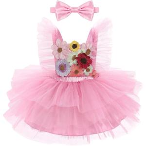 imageIDOPIP Baby Girls Sequin Strawberry Cherry Tutu Dress Summer Backless Lace Princess Birthday Party Dress with Headband OutfitPink Flower