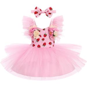 imageIDOPIP Baby Girls Sequin Strawberry Cherry Tutu Dress Summer Backless Lace Princess Birthday Party Dress with Headband OutfitPink Strawberry Flower