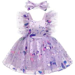 imageIDOPIP Baby Girls Sequin Strawberry Cherry Tutu Dress Summer Backless Lace Princess Birthday Party Dress with Headband OutfitPurple Butterfly