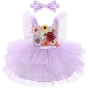 imageIDOPIP Baby Girls Sequin Strawberry Cherry Tutu Dress Summer Backless Lace Princess Birthday Party Dress with Headband OutfitPurple Flower