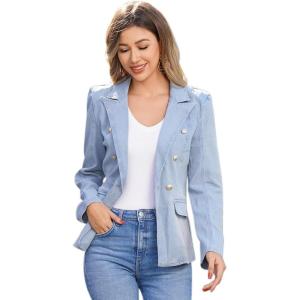 imageIDOPIP Denim Blazer Jacket for Women Long Sleeve Button Down Casual Work Office Jeans Blazer Open Front Cardigan Blazer CoatBlue