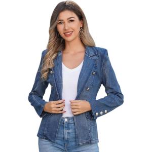 imageIDOPIP Denim Blazer Jacket for Women Long Sleeve Button Down Casual Work Office Jeans Blazer Open Front Cardigan Blazer CoatDark Blue