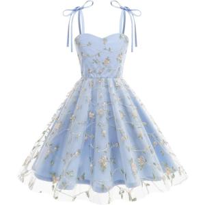 imageIDOPIP Embroidery Flower Girl Lace Dess for Kids Party Wedding Bridesmaid Tulle Dresses Princess Pageant Birthday Floral GownBlue